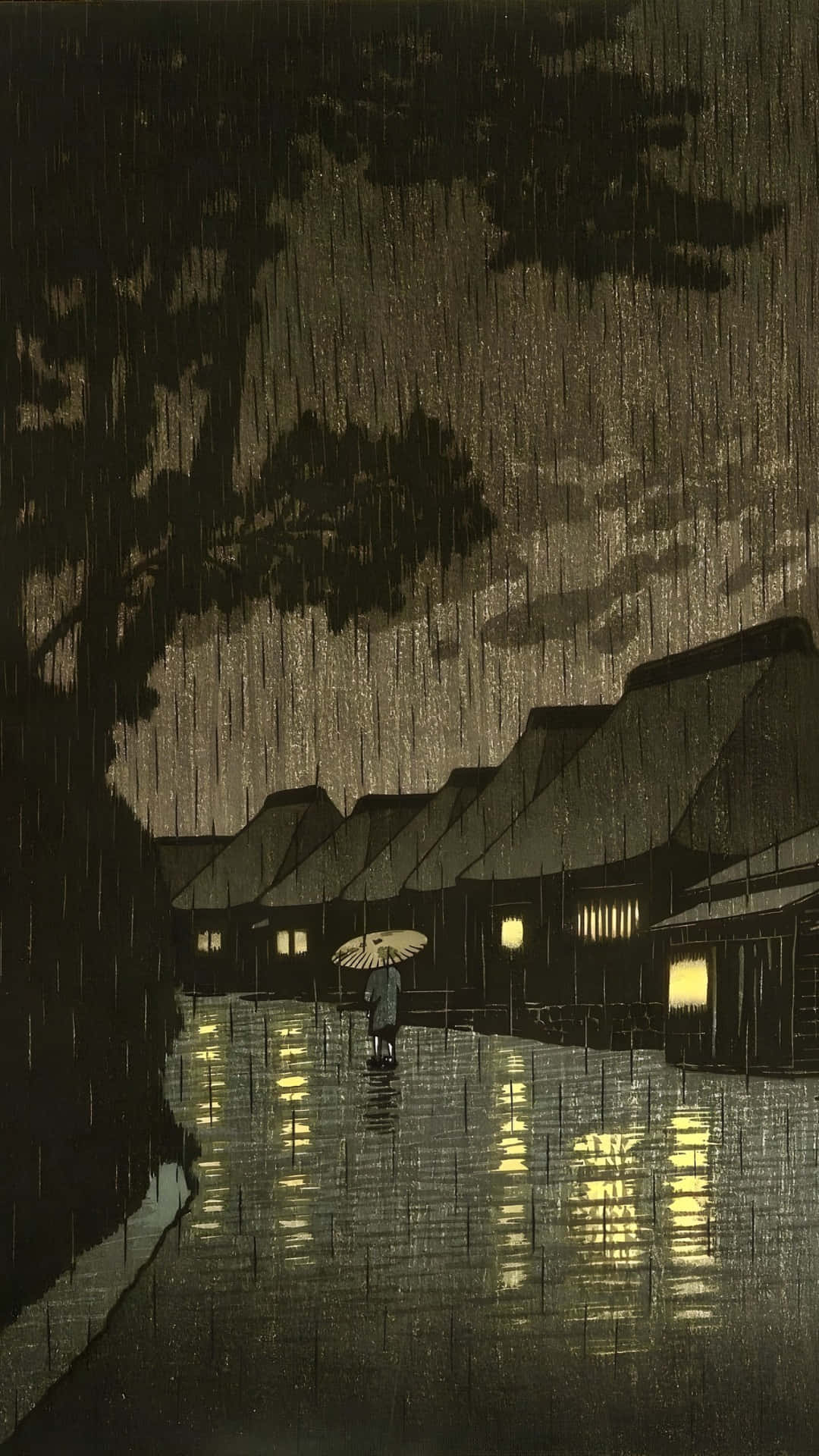  壁紙 — 一個孤獨的身影撐著雨傘，在雨夜的街道上走過傳統茅草屋，屋內窗戶透出燈光。
