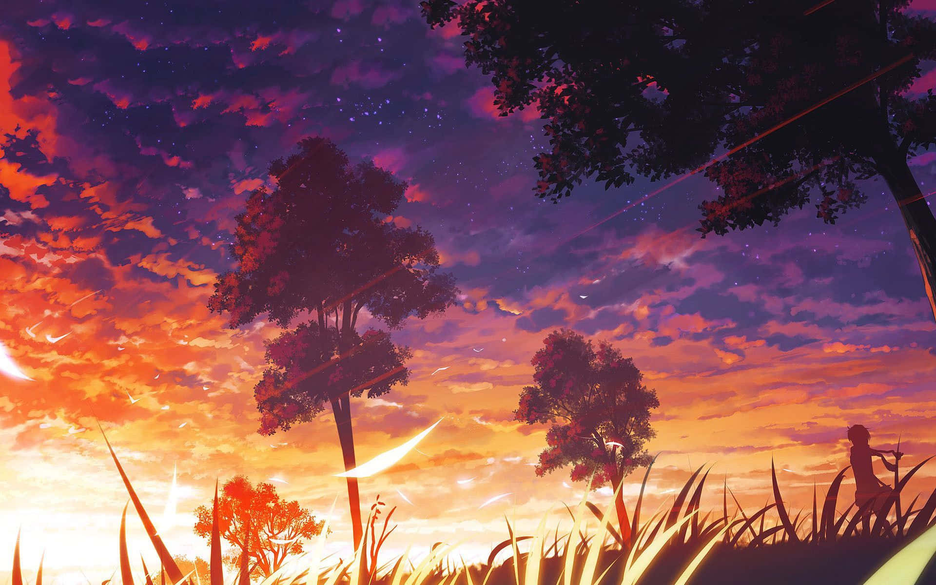 Sunset Painting 桌布 壁紙 — 一個孤獨的身影站在高高的草叢中，天空呈現鮮豔的暮色，帶有橙色、紫色和星光的條紋，樹木在發光的地平線上形成剪影。