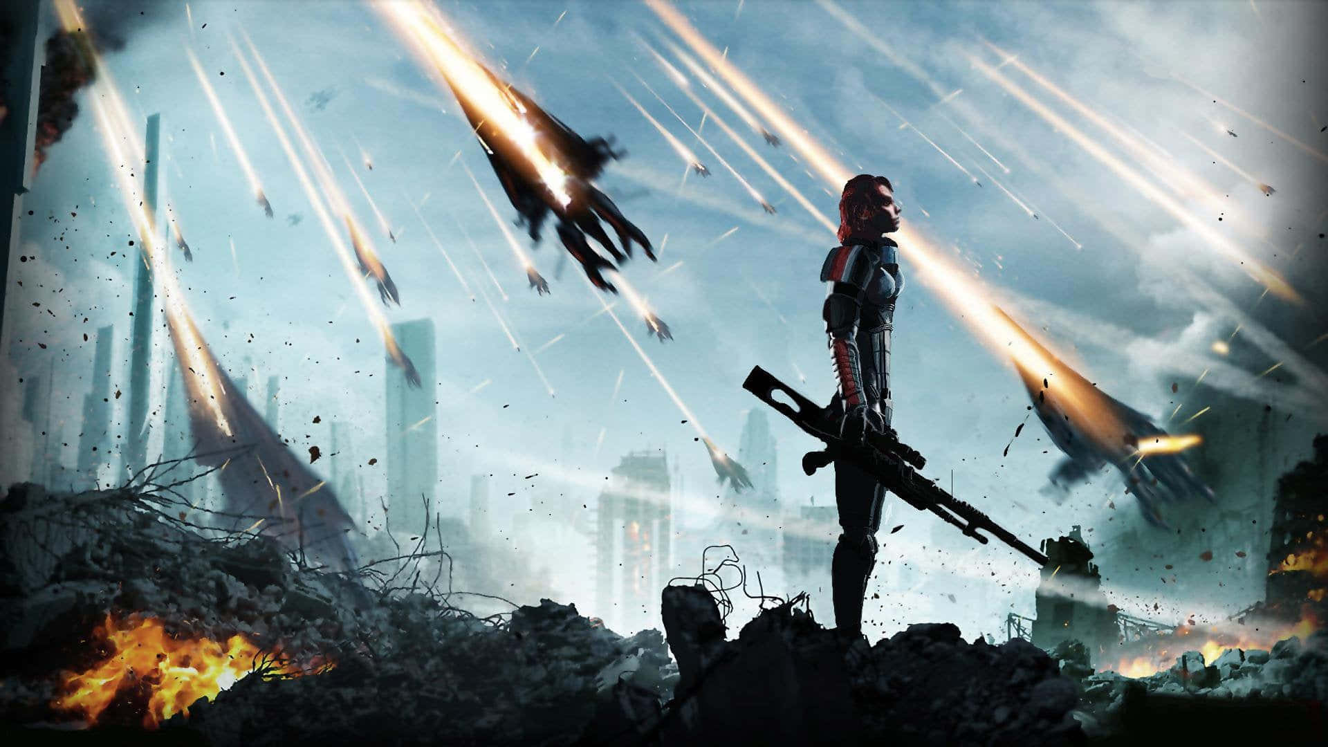Mass Effect Femshep 桌布 壁紙 — 一名孤獨的士兵站在瓦礫中，戰鬥機在戰火摧殘的城市天空中劃過，一片火海混亂。