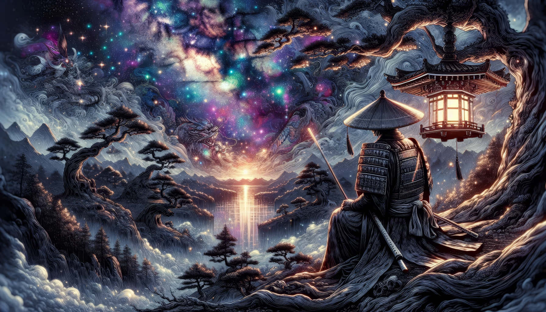  壁紙 — 一個孤獨的武士穿著盔甲，坐在山脊上發光的燈籠下，凝視著充滿星星和龍的宇宙天空。