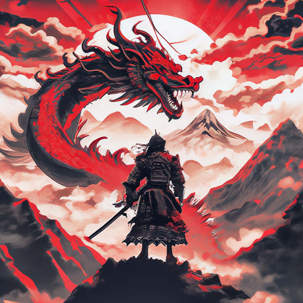  壁紙 — 一個孤獨的武士站在山頂上，面對著一條巨大的紅龍，背景是火紅的天空，下方是白雪覆蓋的山峰。