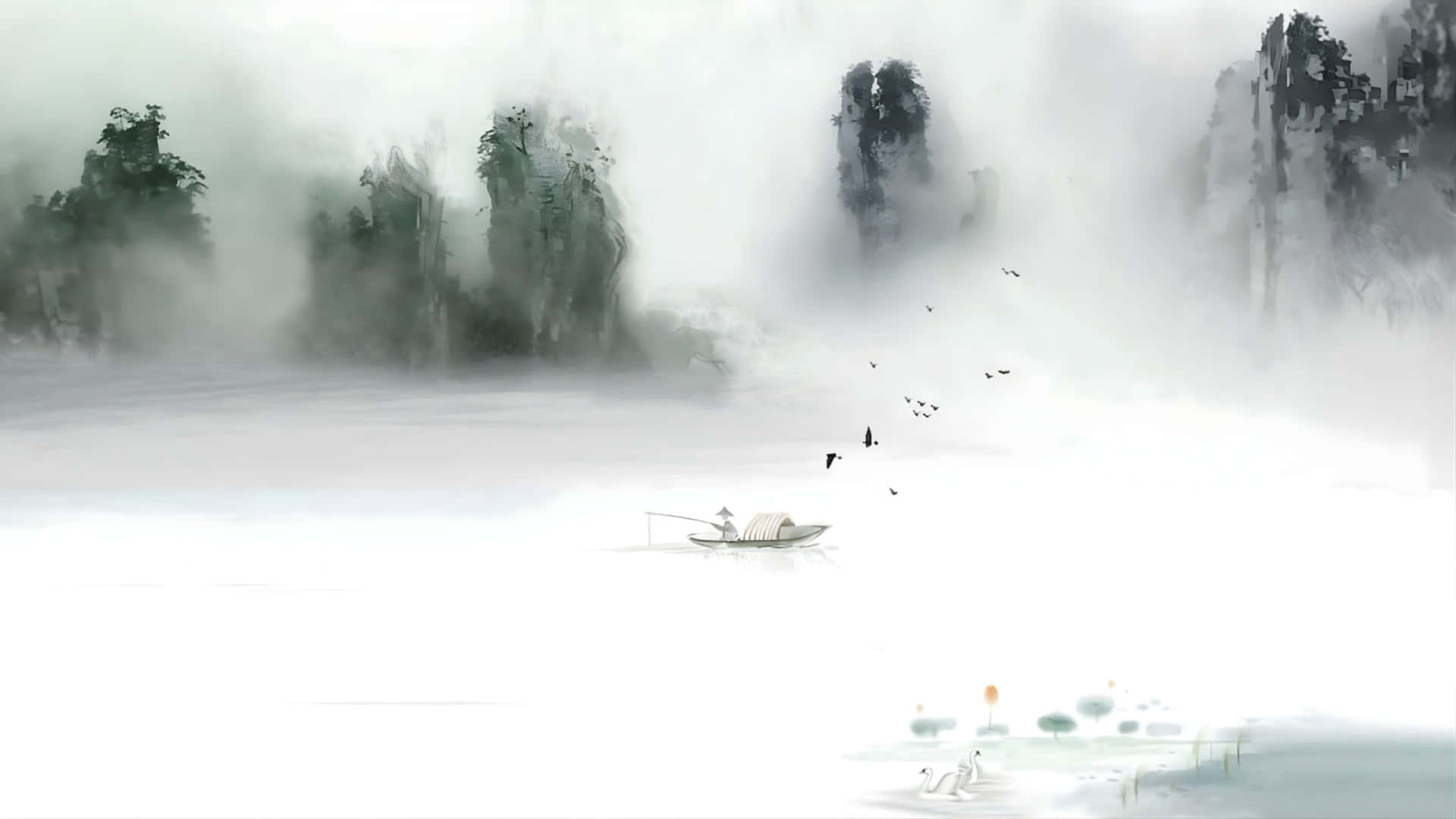  壁紙 — 一個孤獨的漁夫坐在小船裡，在霧氣瀰漫的湖面上滑行，四周是高聳入雲的懸崖，頭頂有鳥兒飛翔。