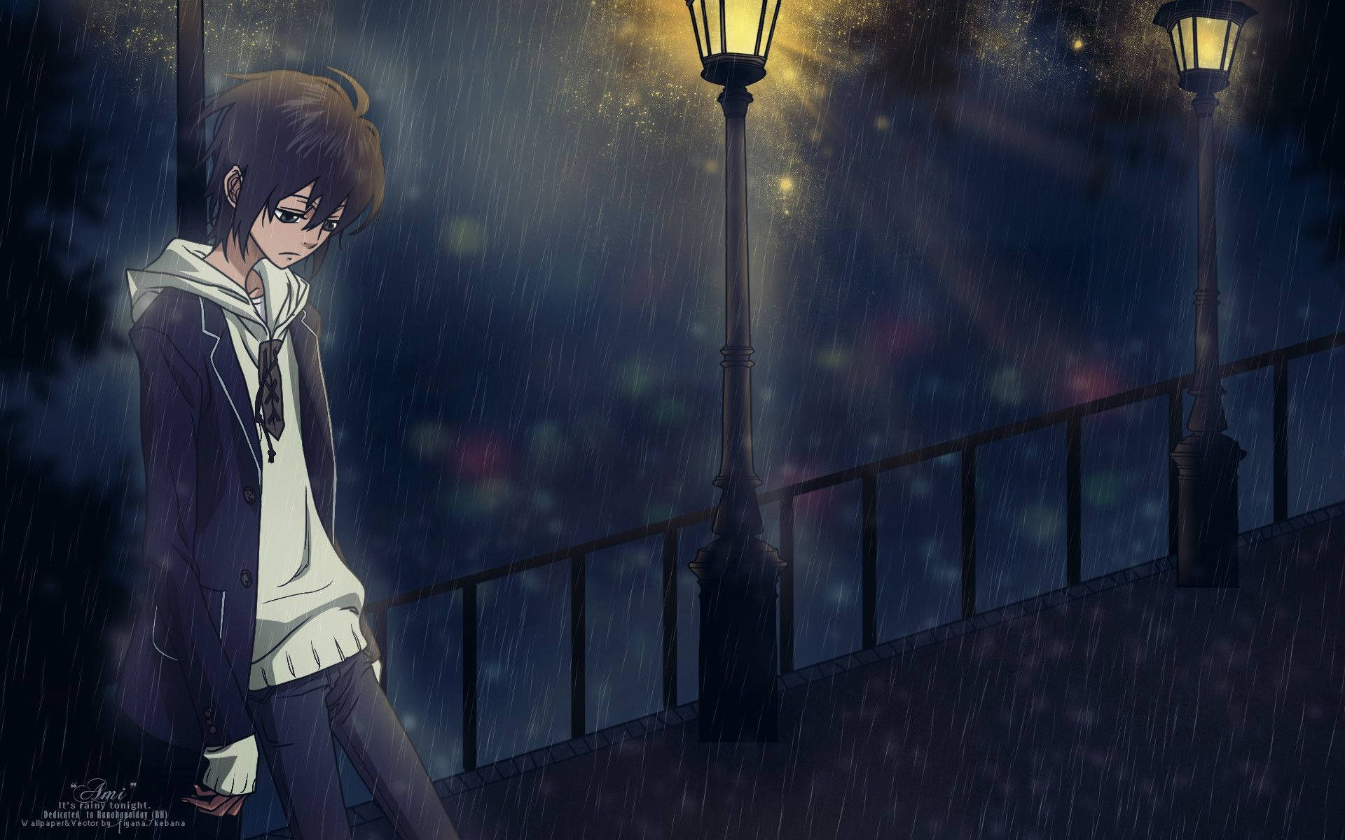 動漫男孩在夜晚發光的路燈下獨自走在雨中。