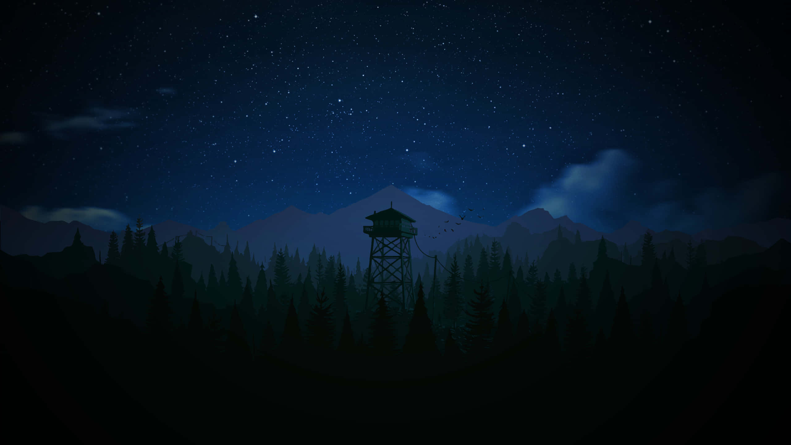 夜晚森林中的防火瞭望塔，星空下遠山