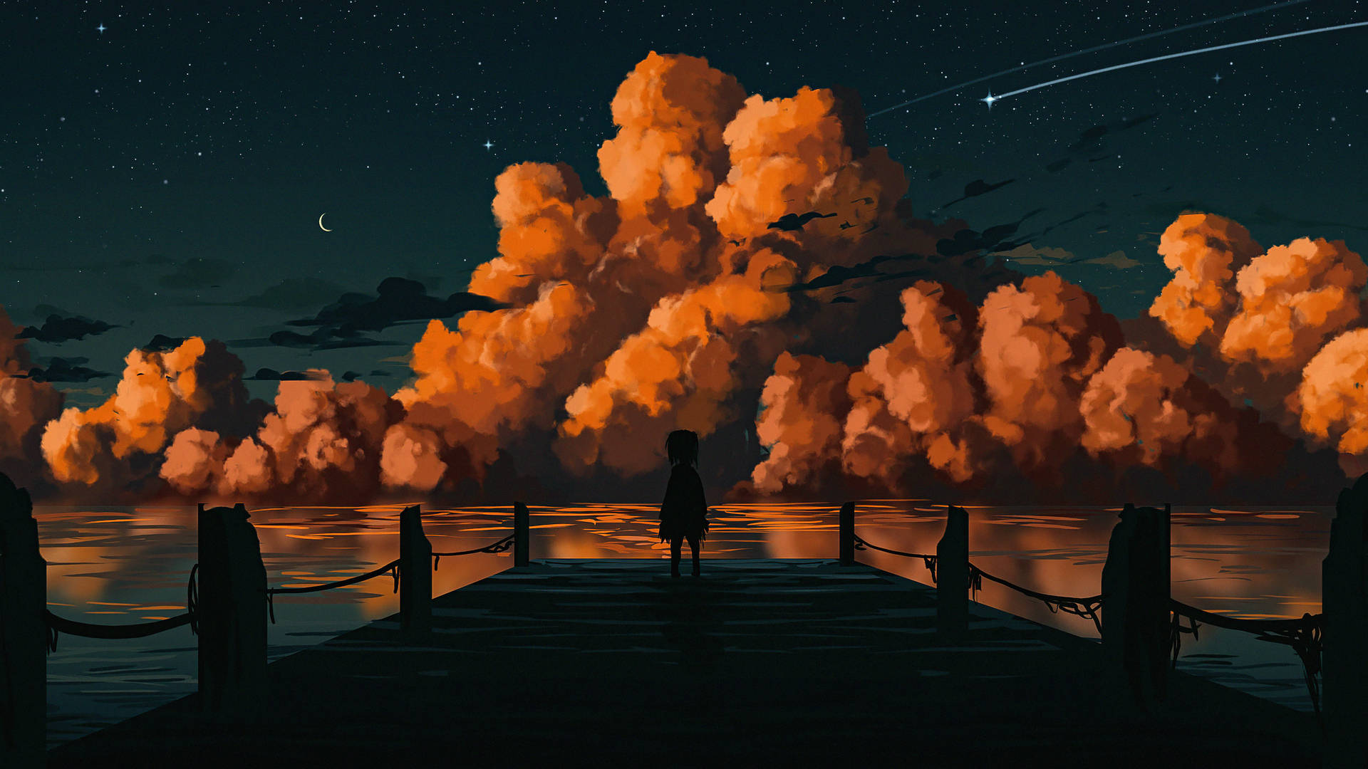 一個人在碼頭上的剪影，在夜晚觀看發光的雲彩和星星。