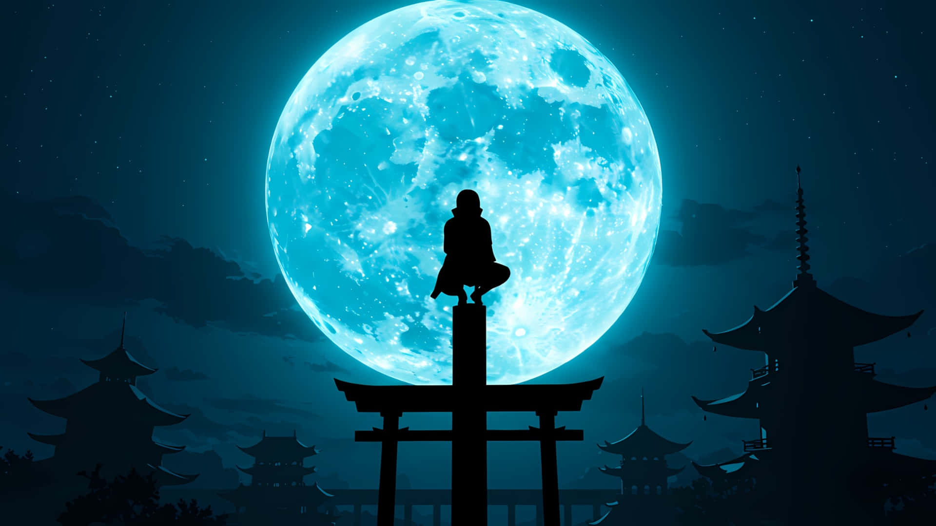  壁紙 — 一個孤獨的身影坐在鳥居頂部，在傳統日本寺廟上方，以巨大發光的藍色月亮為背景形成剪影。