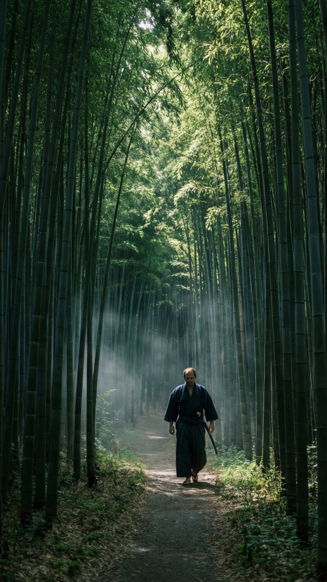 Ronin 桌布 壁紙 — 一位孤獨的武士走在霧氣瀰漫的竹林小徑上，沐浴在透過高聳綠色竹竿灑落的斑駁陽光中。