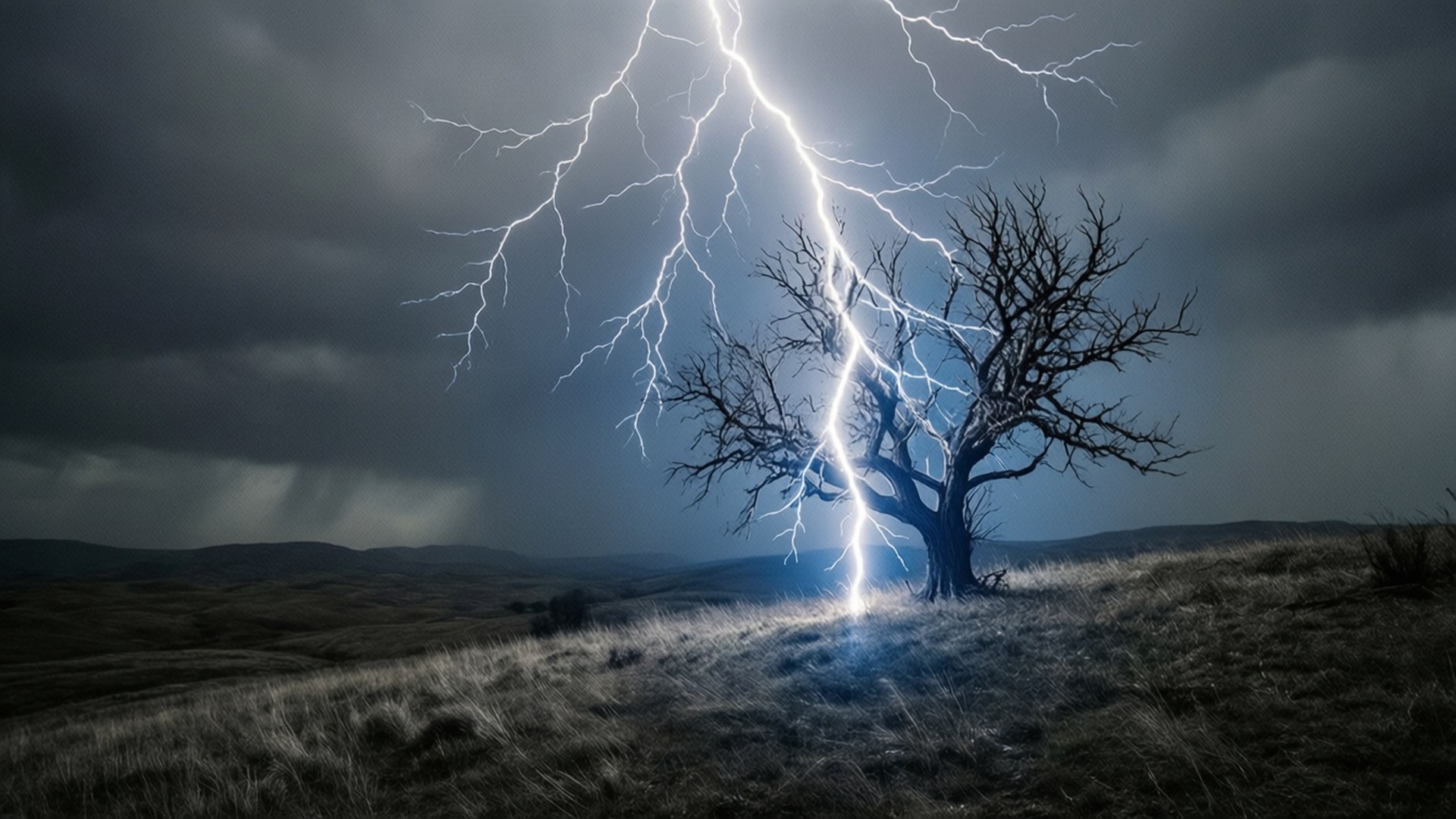 一棵光禿禿的樹在暴風雨的山坡上被閃電擊中。