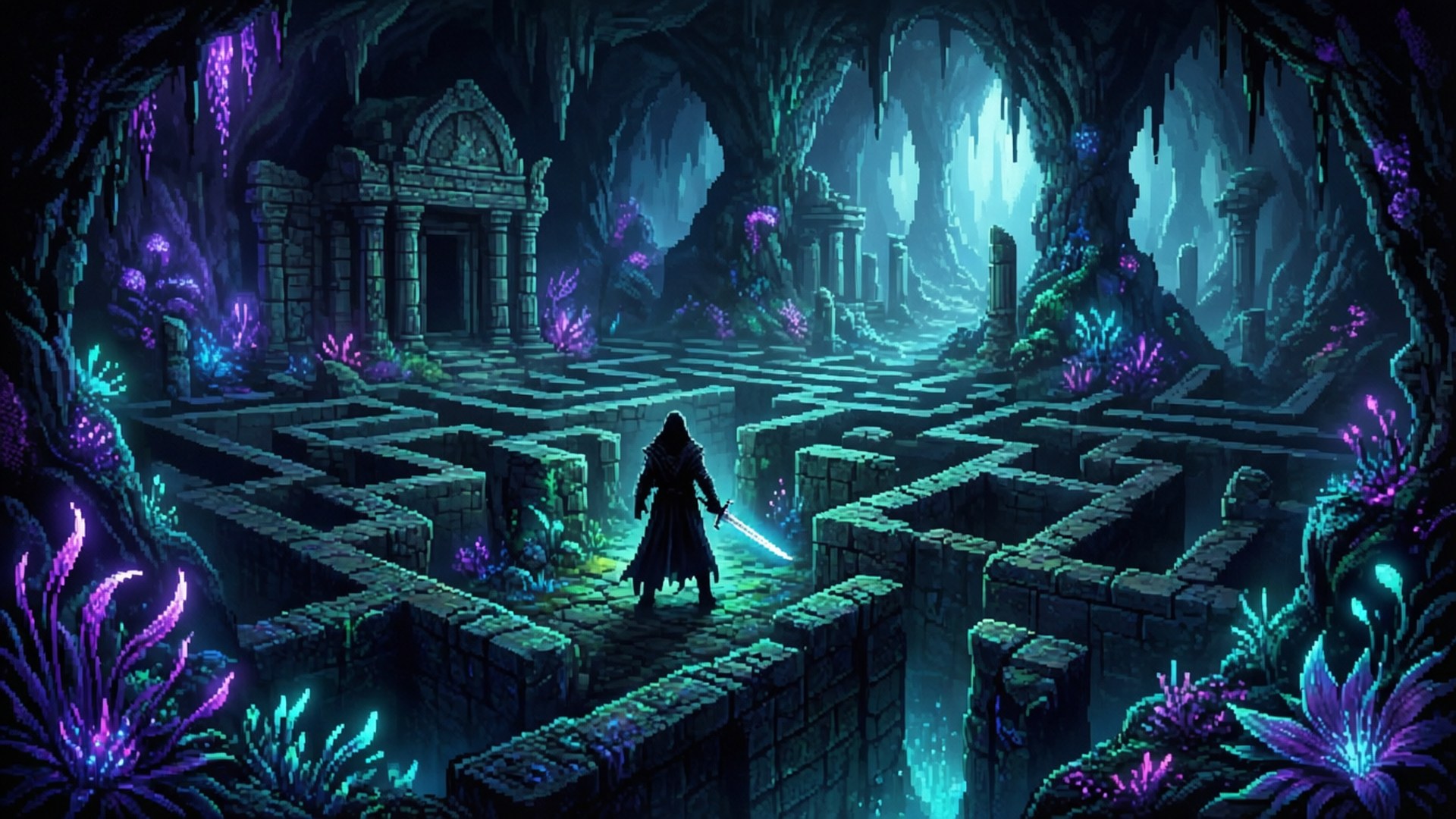 Metroidvania 桌布 壁紙 — 一位孤獨的戰士手持發光劍，站在一個由發光紫色和藍色植物照亮的洞穴內的神秘石頭迷宮中。