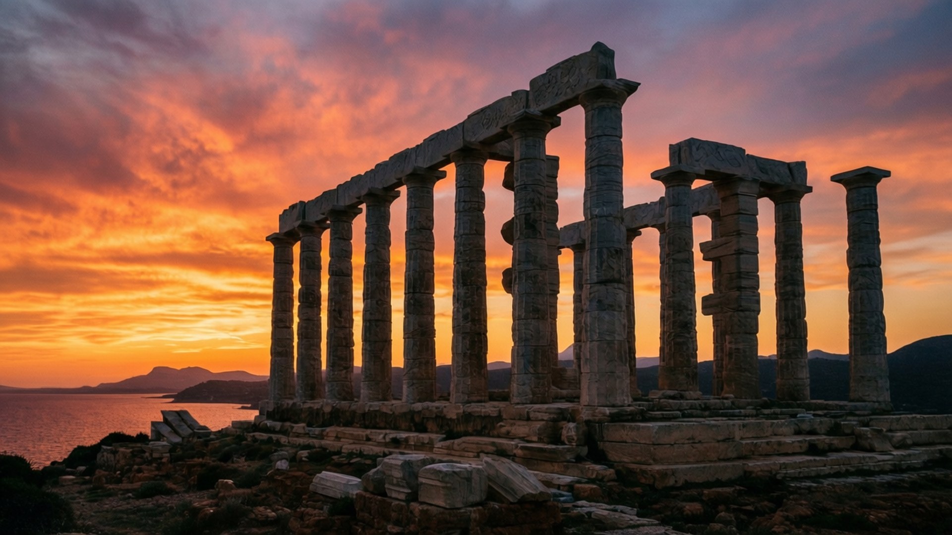 Athens 桌布 壁紙 — 古老寺廟遺跡在海上熾熱的日落和戲劇性的橙色和紫色雲彩中呈現剪影。