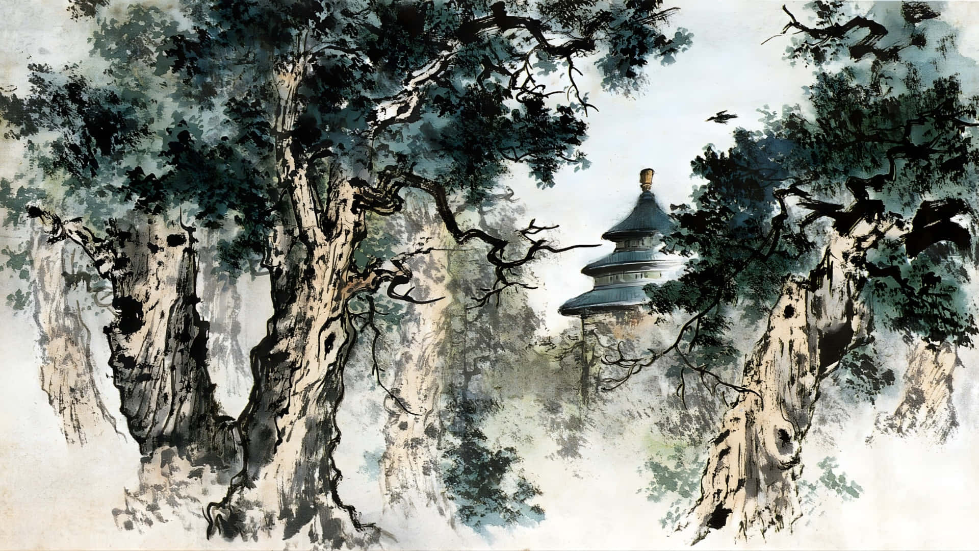  壁紙 — 古塔在霧氣瀰漫的水墨山水畫中，從盤根錯節的樹木間窺視。