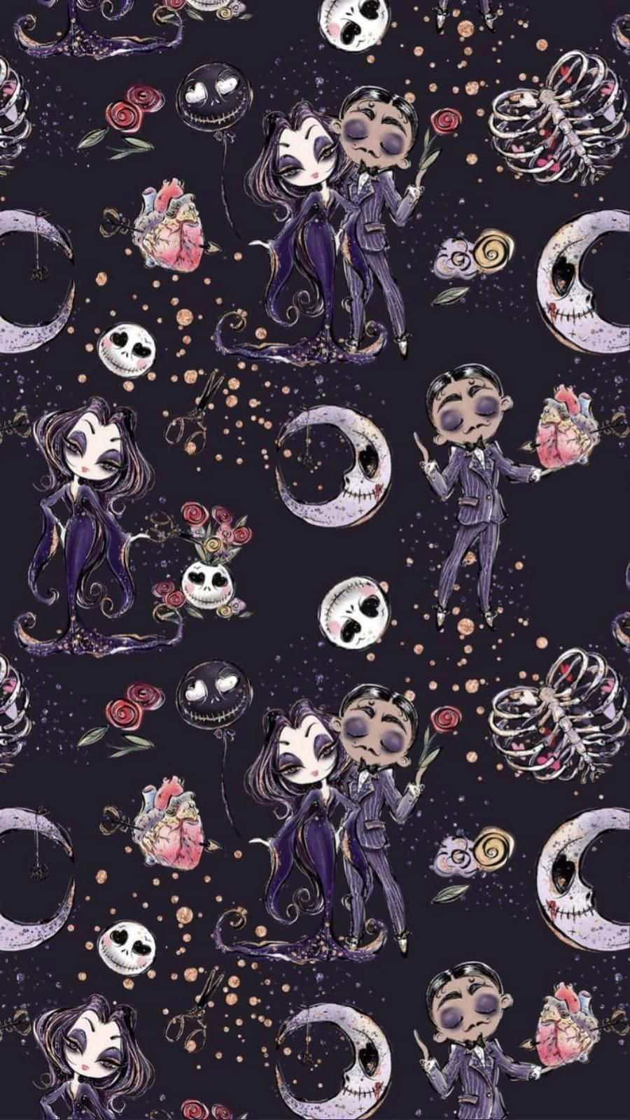 壁紙 — 《怪誕城之夜》的Q版角色在黑暗星空背景中，於骷髏頭、玫瑰和彎月之間跳舞。