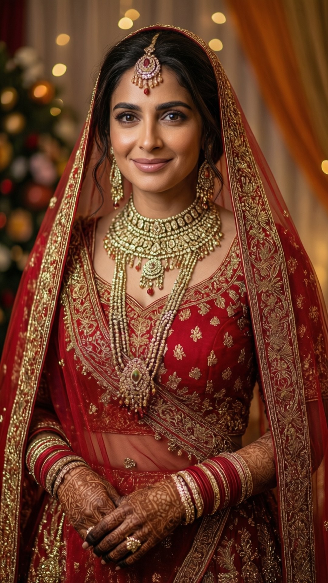 Shraddha Kapoor 桌布 壁紙 — 一位光彩照人的新娘，身穿華麗的紅色刺繡 lehenga，佩戴金色珠寶，雙手繪有指甲花圖案，在溫暖明亮的節日背景下溫柔微笑。