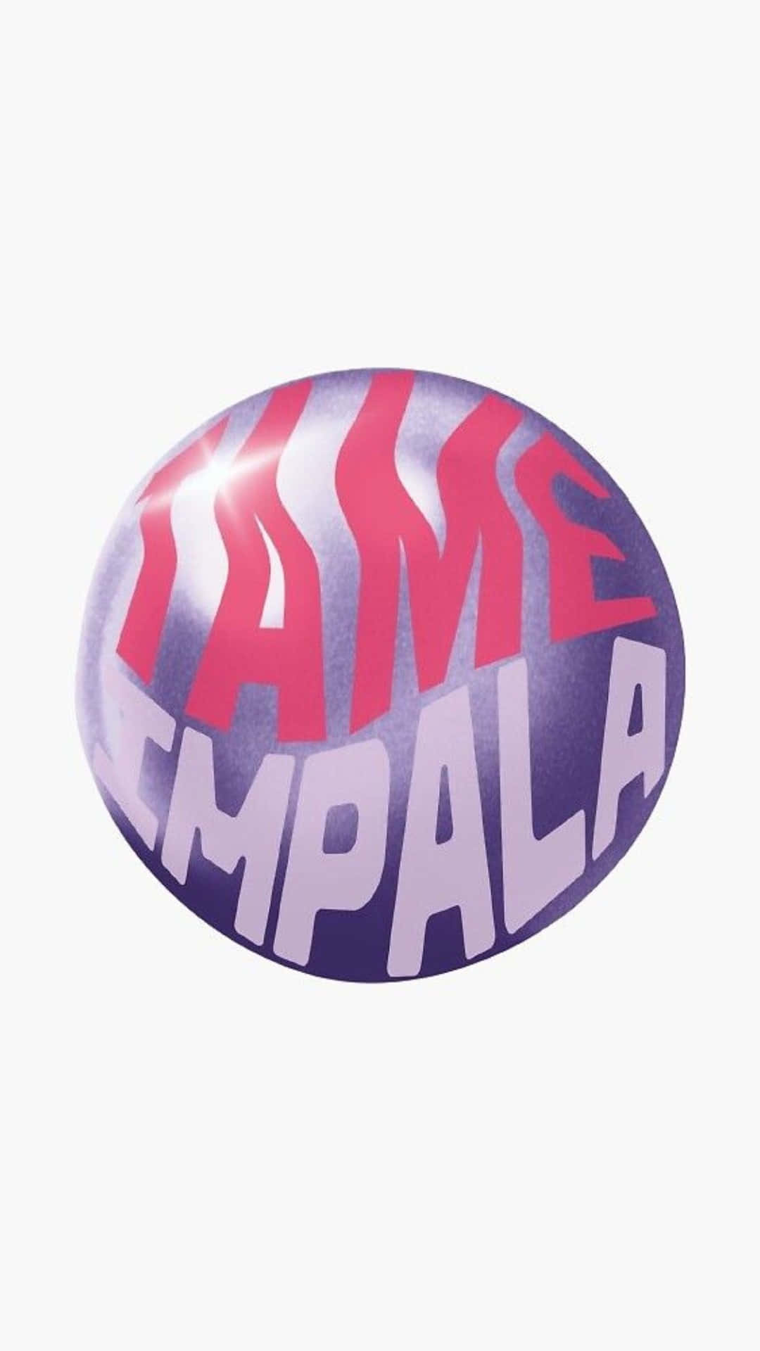  壁紙 — 一個光滑的圓形徽章，上面有粗體的粉紅色和紫色文字「TAME IMPALA」，背景為淺色。