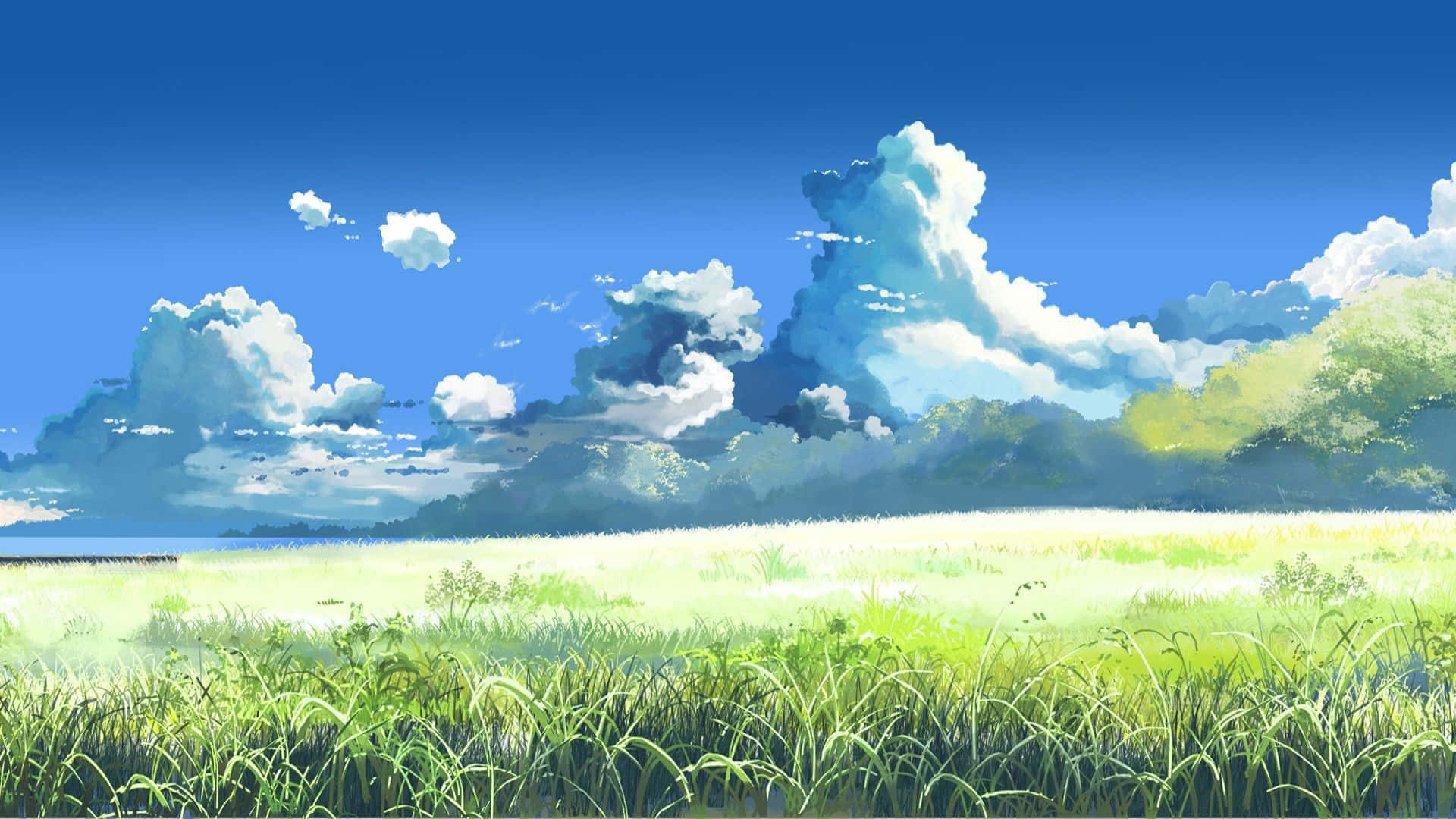  壁紙 — 廣闊的陽光草地延伸在明亮的藍天下，點綴著蓬鬆的白雲和遠處的綠色山丘。