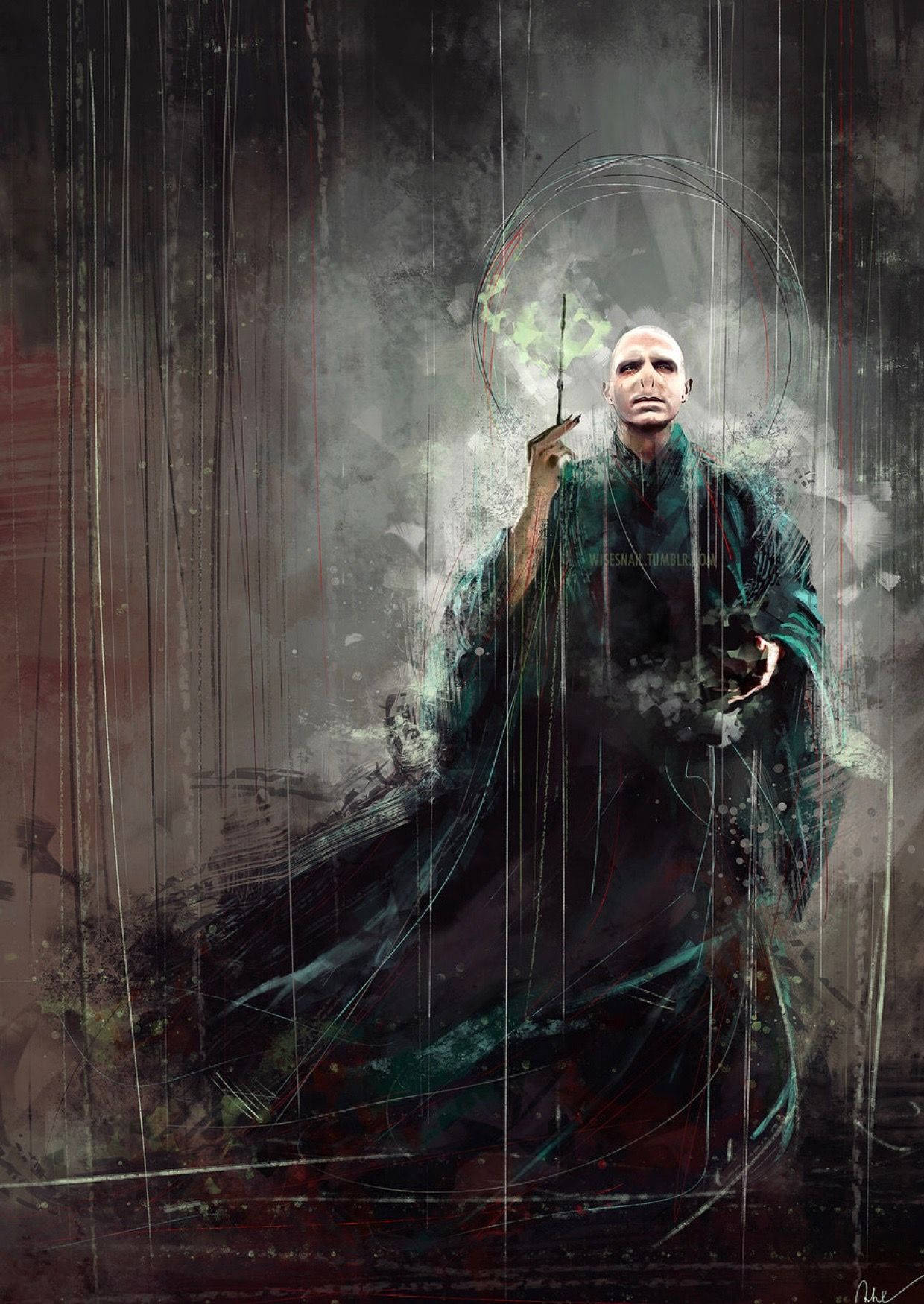 一個身穿深色長袍的光頭巫師，在紋理背景上用魔杖施展綠色魔法。