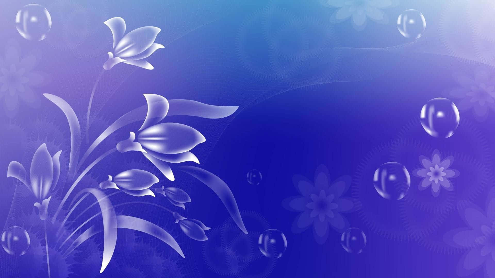 Abstract Rose 桌布 壁紙 — 光澤白色花朵和氣泡在帶有細膩花卉圖案的漸變藍色背景上優雅漂浮。