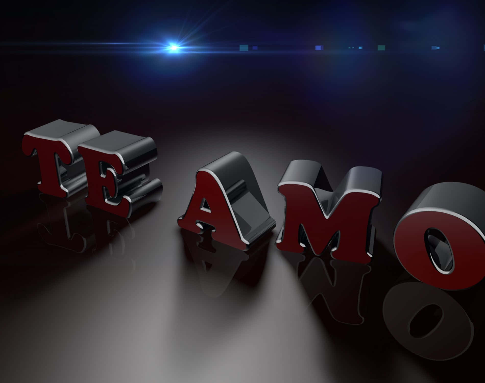  壁紙 — 光澤的紅色和銀色3D字母拼出'TEAM'，在明亮的藍色聚光燈下反射在黑暗表面上。