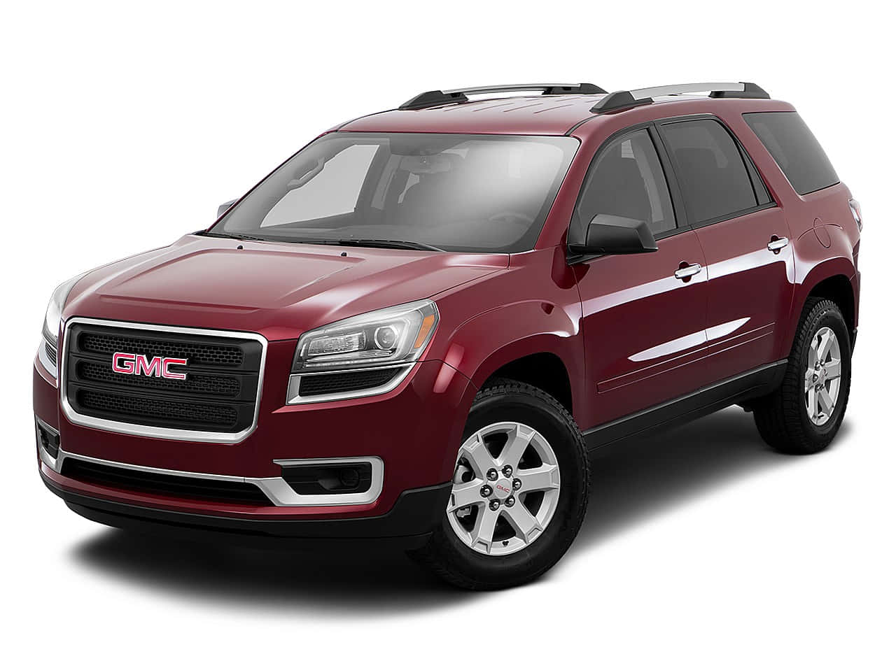 Gmc Acadia 桌布 壁紙 — 一輛光澤的酒紅色GMC Acadia SUV在工作室燈光下，以乾淨的白色背景展示。