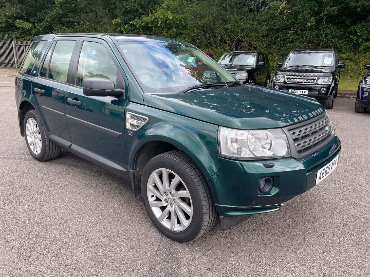 Land Rover Freelander 桌布 壁紙 — 一輛光澤的綠色 Land Rover Freelander SUV 停泊在瀝青路上，背景有樹木和其他車輛。