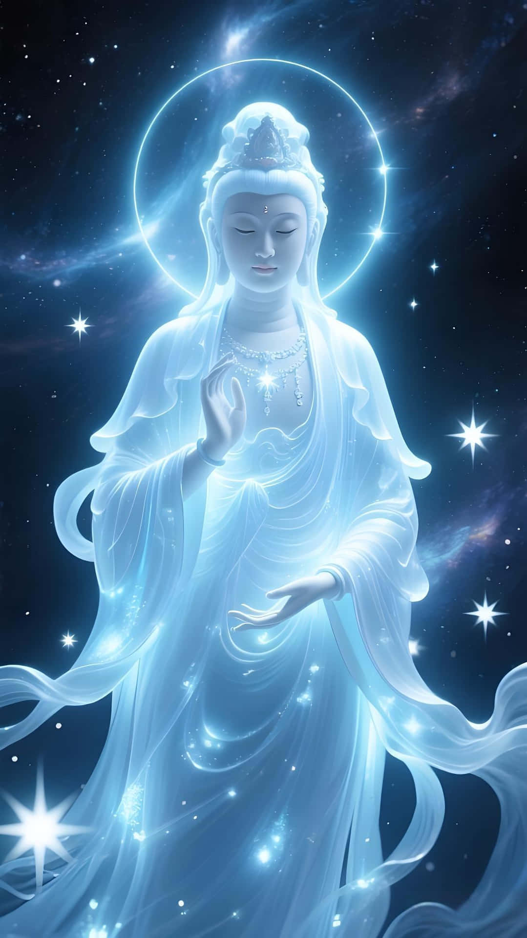 一個發光的藍色天體，帶有光環和飄逸長袍，以繁星點點的夜空為背景