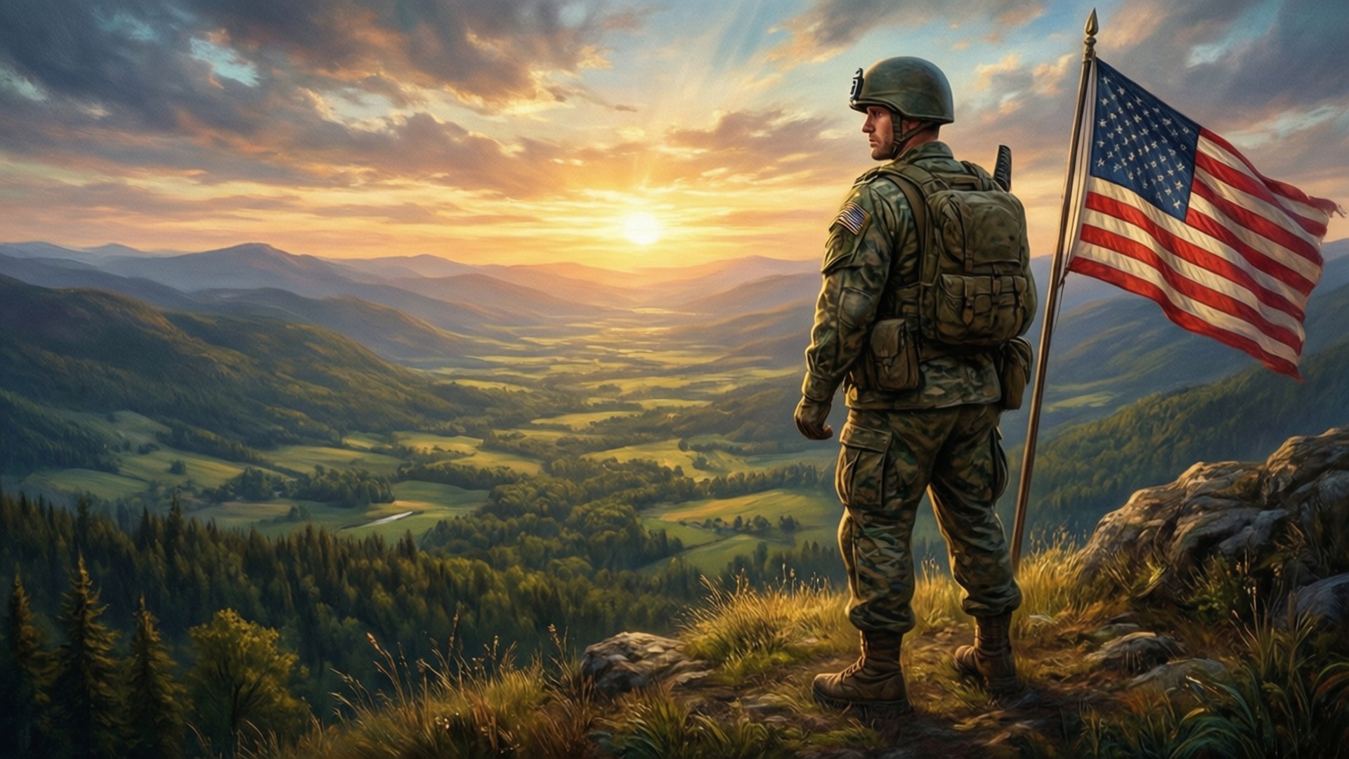 穿制服的士兵在日出時於山頂觀景台手持美國國旗