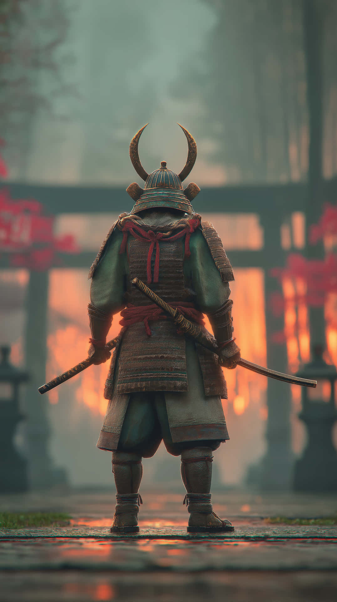 身穿全套盔甲的武士戰士手持兩把劍站在日落時分的神社前