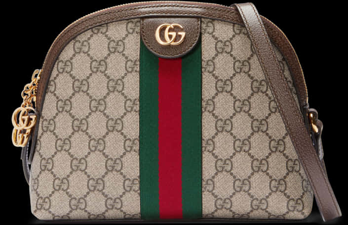 Gucci 經典帆布肩背包 壁紙 — 米色Gucci圓頂手袋，配棕色皮革飾邊和標誌性綠紅條紋，黑色背景。