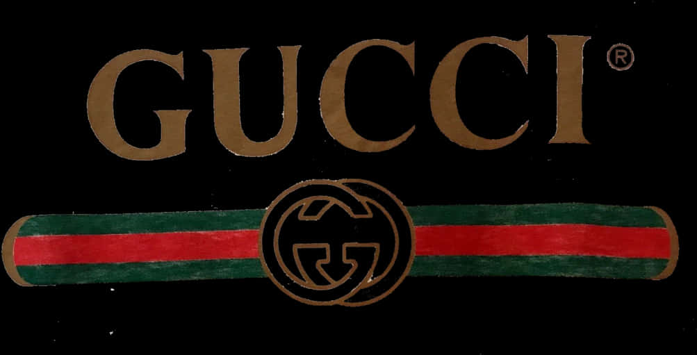 Gucci經典標誌與條紋圖案 壁紙 — 黑色背景上金色Gucci標誌，帶有綠色和紅色條紋及交織的G徽章。