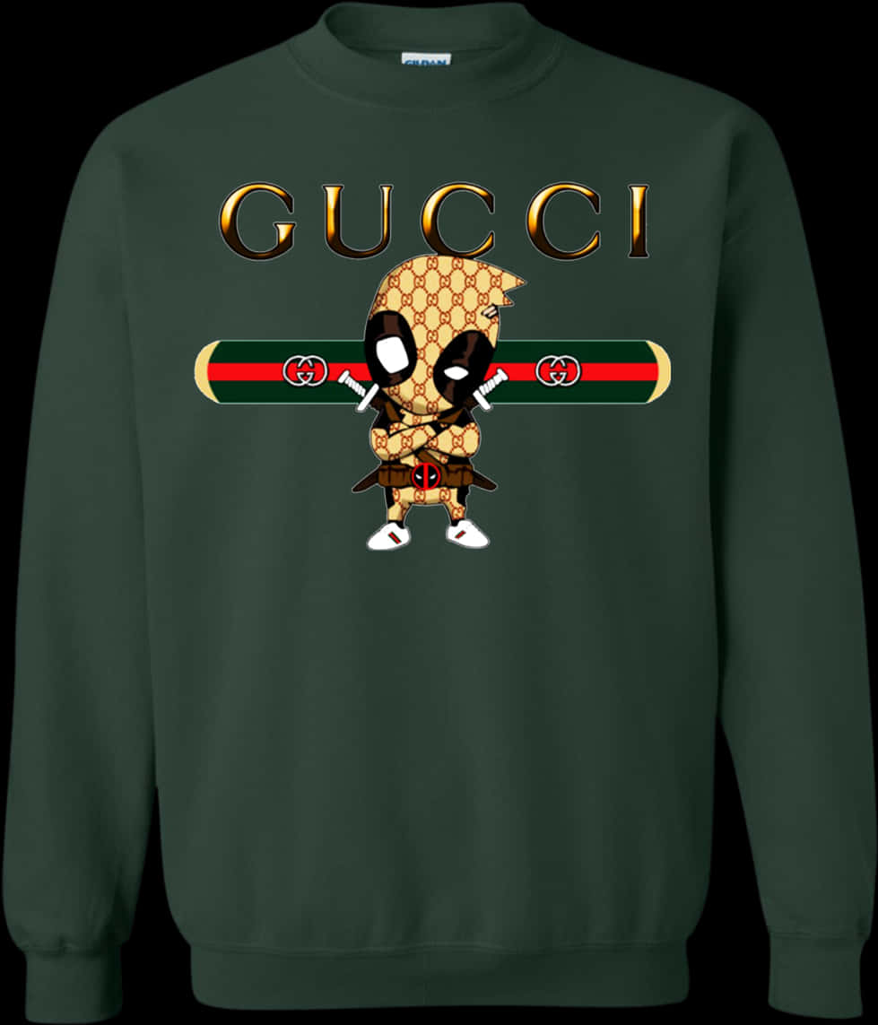 Gucci品牌連帽衫配角色設計 壁紙 — 深綠色衛衣上有一個Gucci圖案的Q版死侍，在金色Gucci標誌下手持劍。