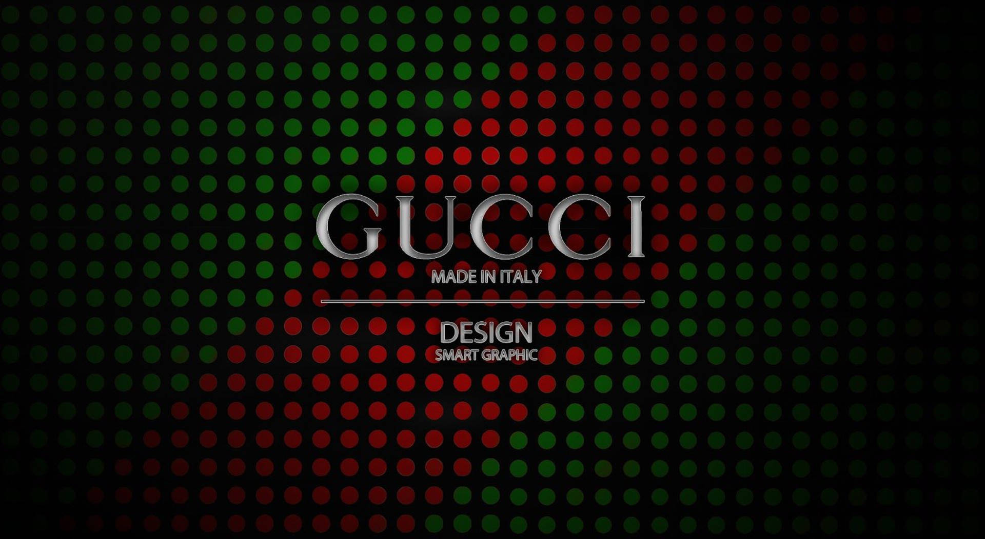 Gucci 桌布 壁紙 — Gucci 標誌以銀色文字居中顯示在帶有紅色和綠色圓點圖案的黑色背景上。