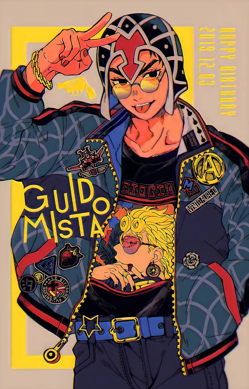 動漫角色 Gildo Mista 穿著補丁夾克做出和平手勢。 — JOJO的奇妙冒險 壁紙