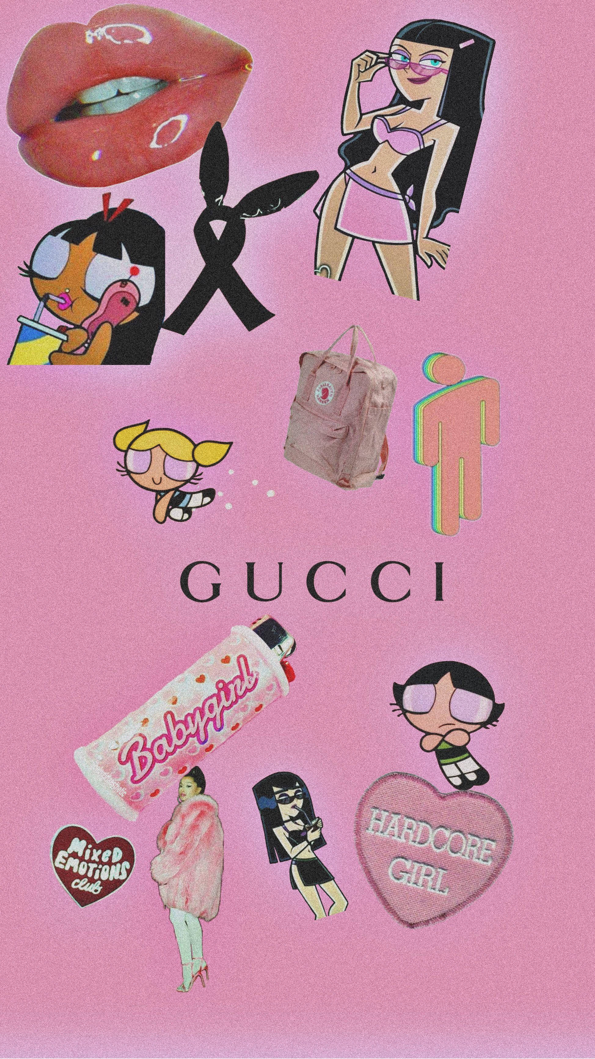 Gucci拼貼圖粉紅Baddie背景 壁紙 — 一個充滿活力的粉紅色拼貼畫，包含卡通人物、時尚物品和文字貼紙，以俏皮混亂的風格排列。