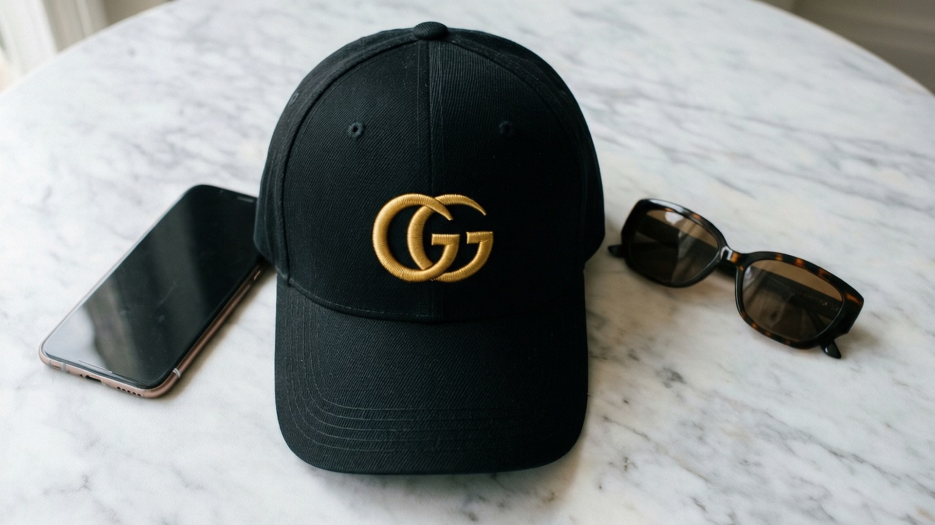 Gucci帽子與配件平鋪拍攝 壁紙 — 一頂黑色Gucci帽帶金色標誌放在大理石桌中央，旁邊有智能手機和玳瑁太陽眼鏡。