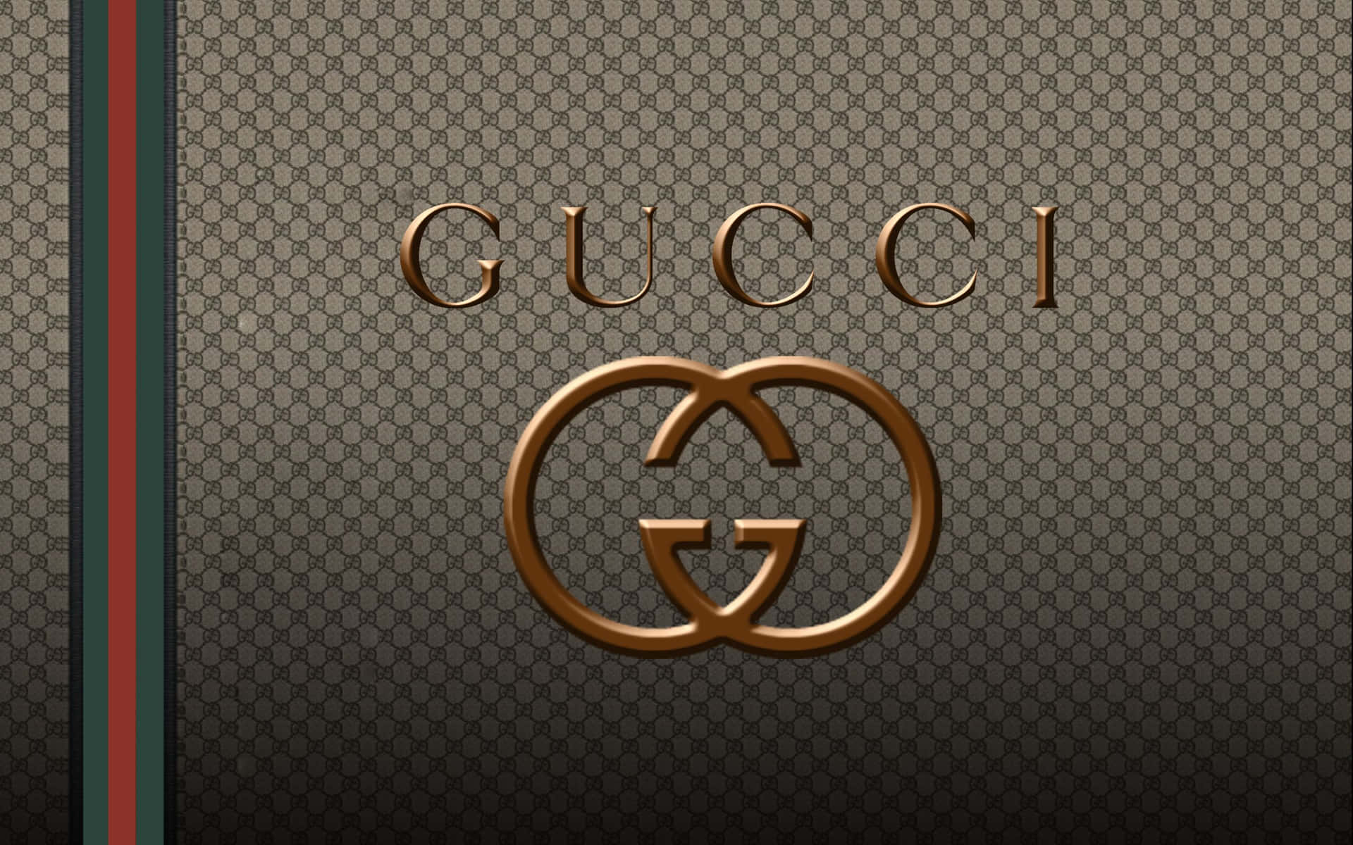 Gucci標誌和徽章在字母組合背景上，帶有紅綠條紋。