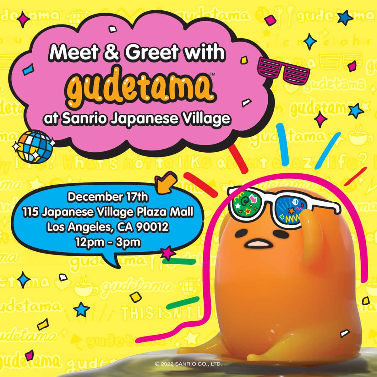 Gudetama懶蛋正午睡（俯視圖） 壁紙 — Gudetama 戴著太陽眼鏡在明亮的黃色背景上休息，活動詳情以彩色對話框顯示。