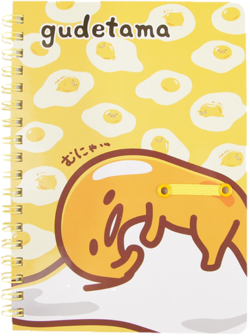 Gudetama 主題筆記本封面 壁紙 — 一本螺旋裝訂筆記本上，懶惰的蛋黃哥角色在歡樂黃色調的煎蛋背景上休息。