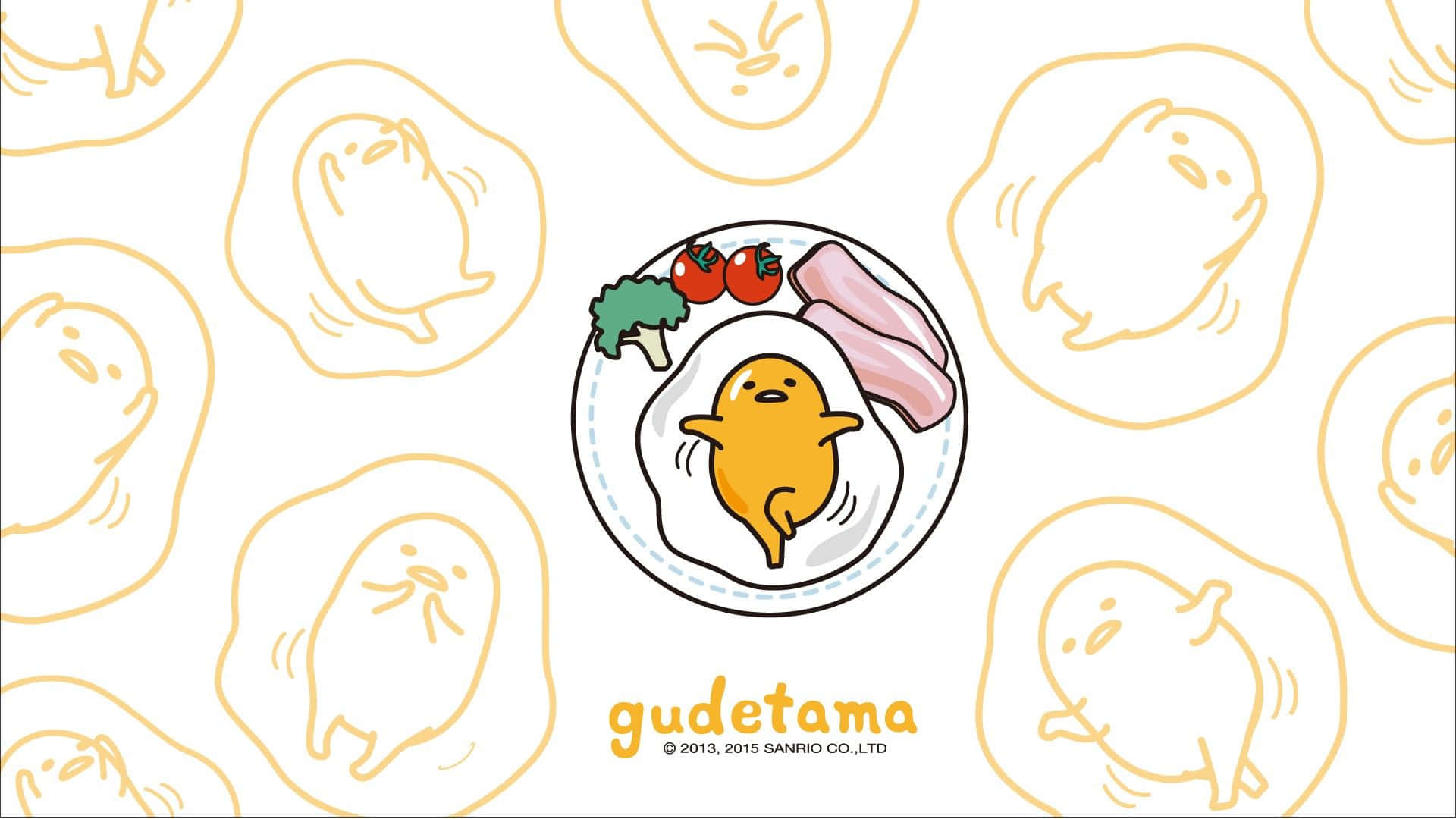 「Gudetama為所有人帶來歡樂」 壁紙 — 一個開心的黃色雞蛋角色坐在一個有煙肉和番茄的碟上，周圍有輪廓雞蛋形狀。
