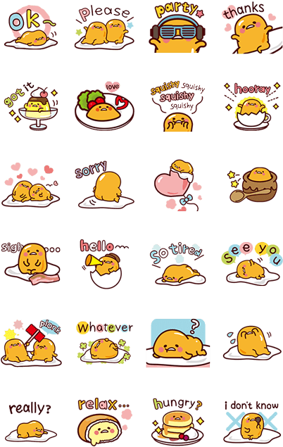 Gudetama 表情貼紙組 壁紙 — 一個網格，上面有可愛的黃色 Gudetama 角色，在黑色背景上透過文字標籤表達各種情緒。