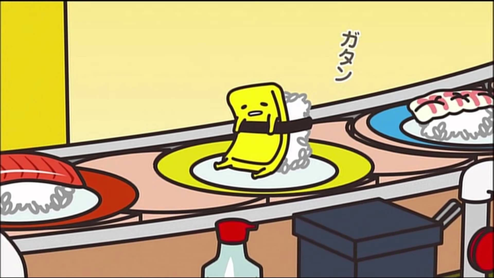 黃色卡通人物坐在輸送帶上的壽司碟上。