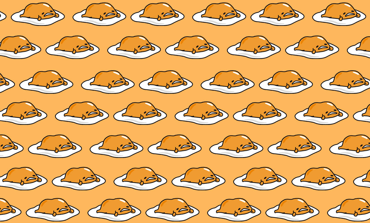 在橙色背景上，白色碟子上可愛的 gudetama 卡通雞蛋重複圖案。