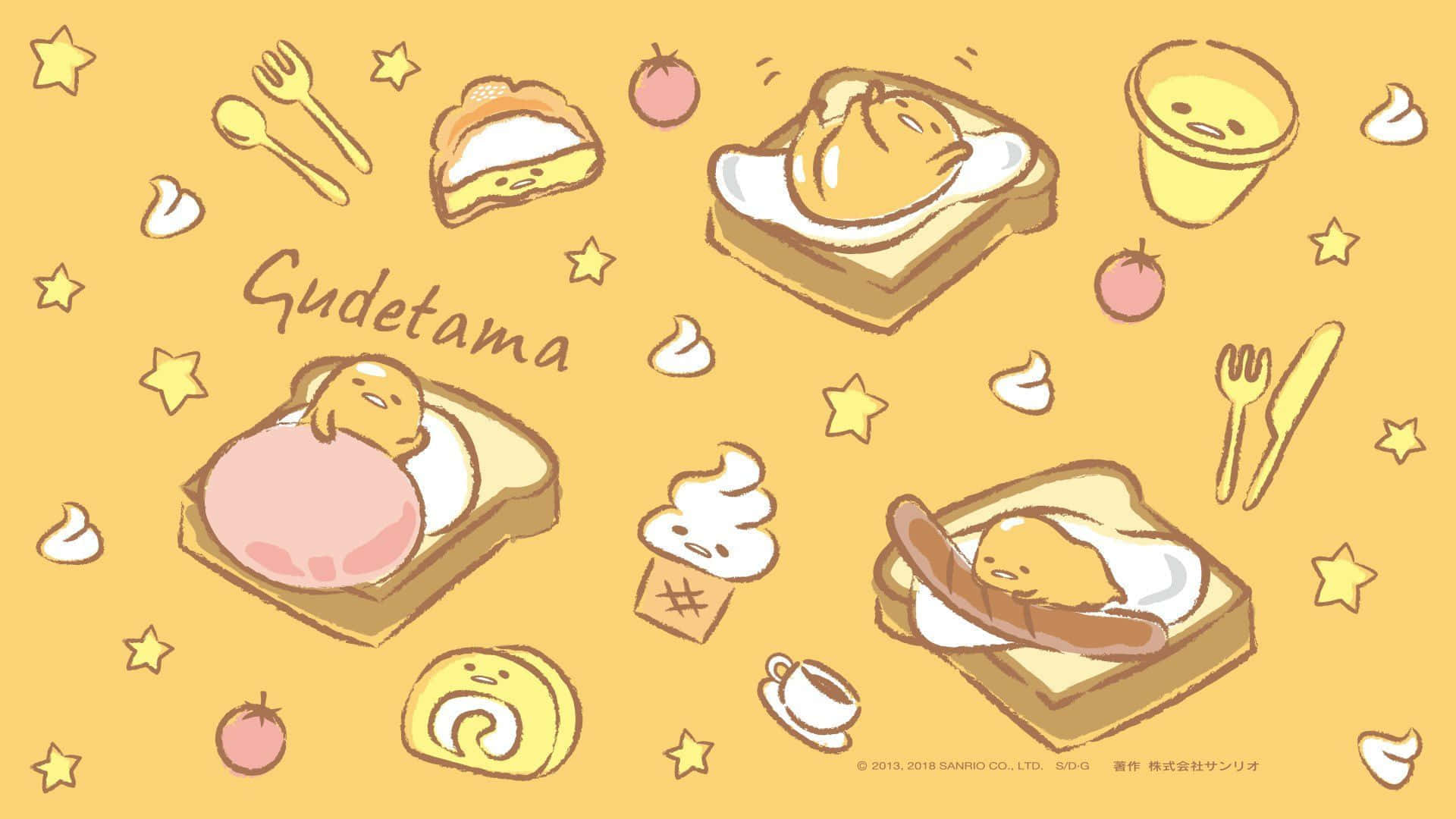 Gudetama 角色在吐司和甜點上放鬆，配有星星和餐具。