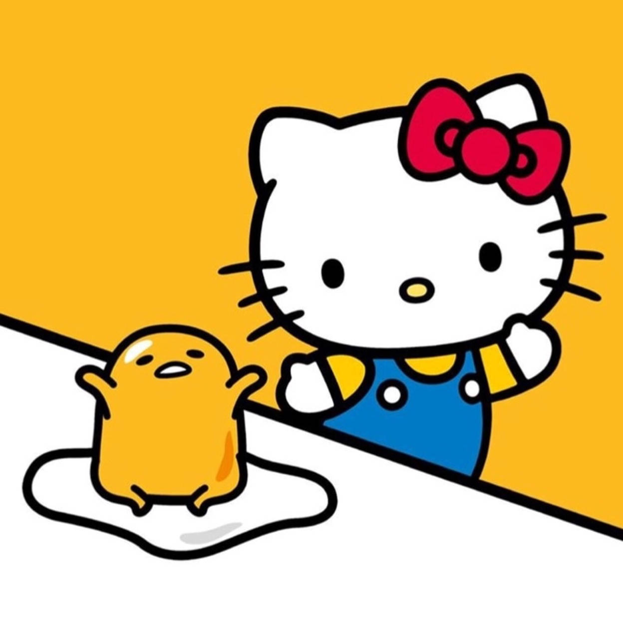 Gudetama與Hello Kitty頭像 壁紙 — Hello Kitty 身穿藍色工裝褲，在黃色和白色分割背景上，在黃色 Gudetama 蛋角色旁邊揮手。