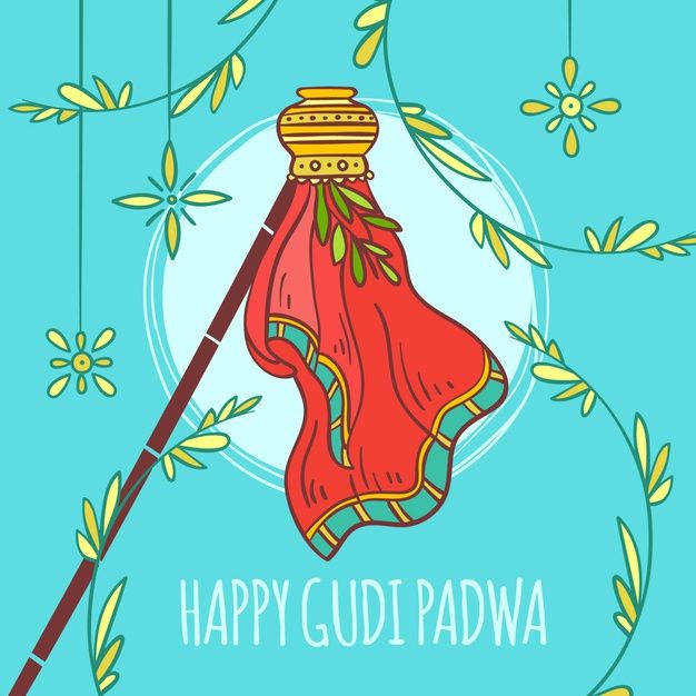 節日Gudi Padwa慶祝插圖，青綠色背景上有紅布和綠色藤蔓。