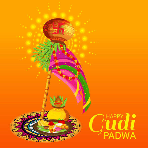 Gudi Padwa節日問候，裝飾柱子和圖案墊子上的供品。