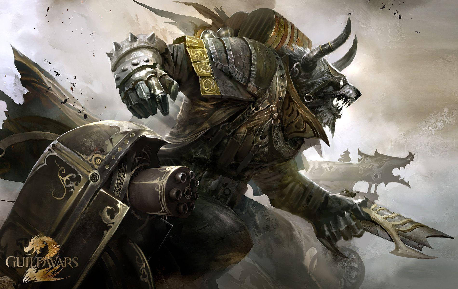 身穿深色盔甲的惡魔戰士在戰鬥中揮舞劍和盾牌。