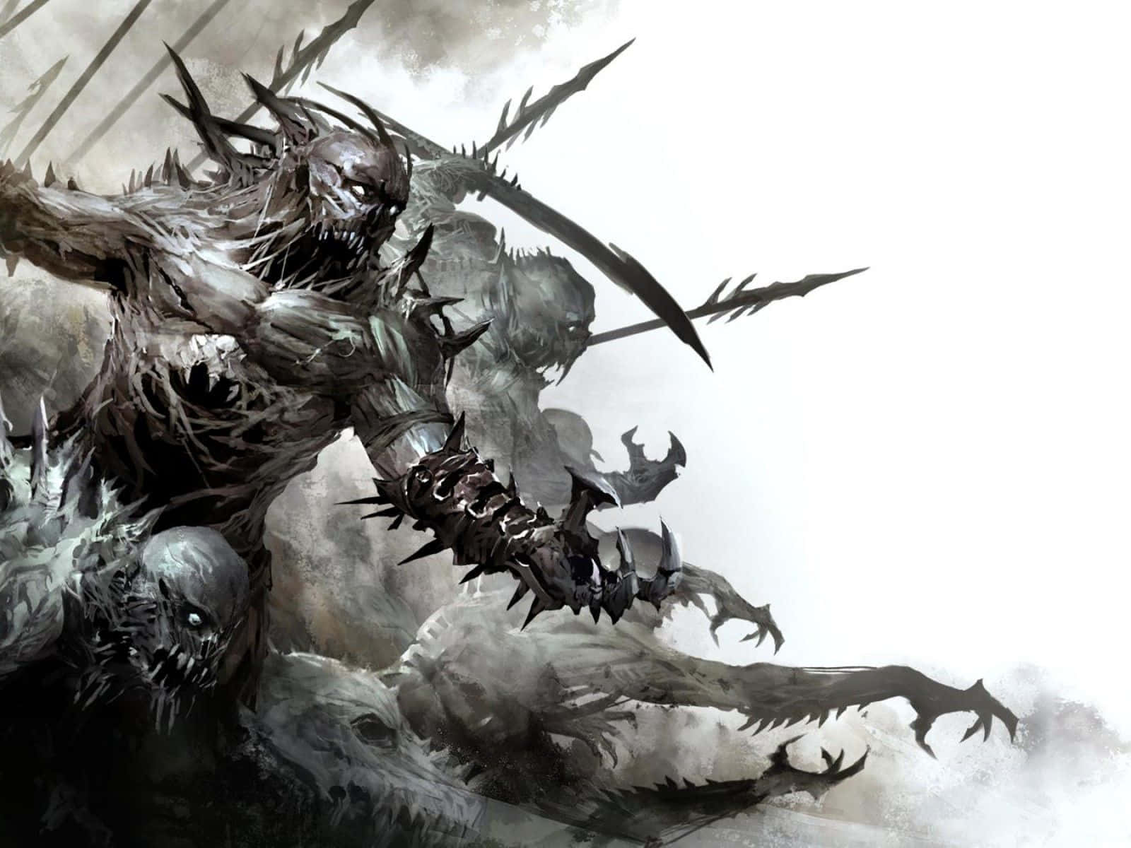 《Guild Wars 2》中的不死惡魔怪物圖 壁紙 — 一個長滿尖刺的怪物，眼睛發光，手持鋸齒狀武器，在黑暗粗獷的奇幻插圖中向前猛撲。