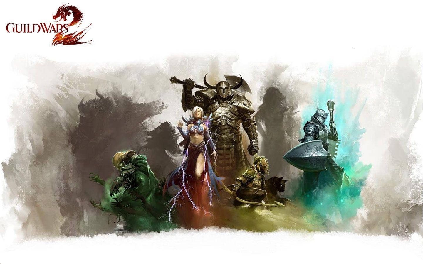 五個奇幻遊戲角色，在迷霧環境中帶有發光的魔法。