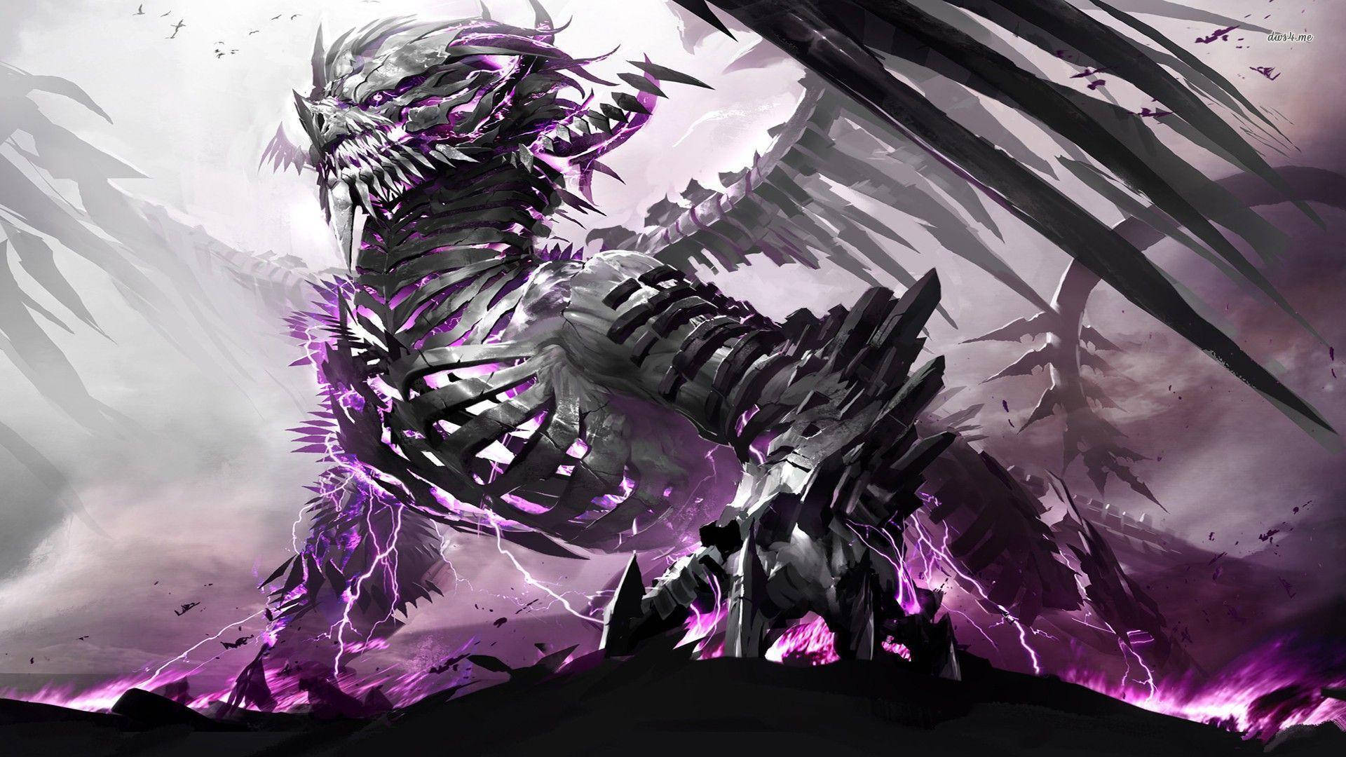 《Guild Wars 2》紫色骷髏龍 壁紙 — 一隻威嚇性的骷髏龍，發光的紫色能量在其鋸齒狀形態周圍噼啪作響，背景是暴風雨的紫色和灰色天空。