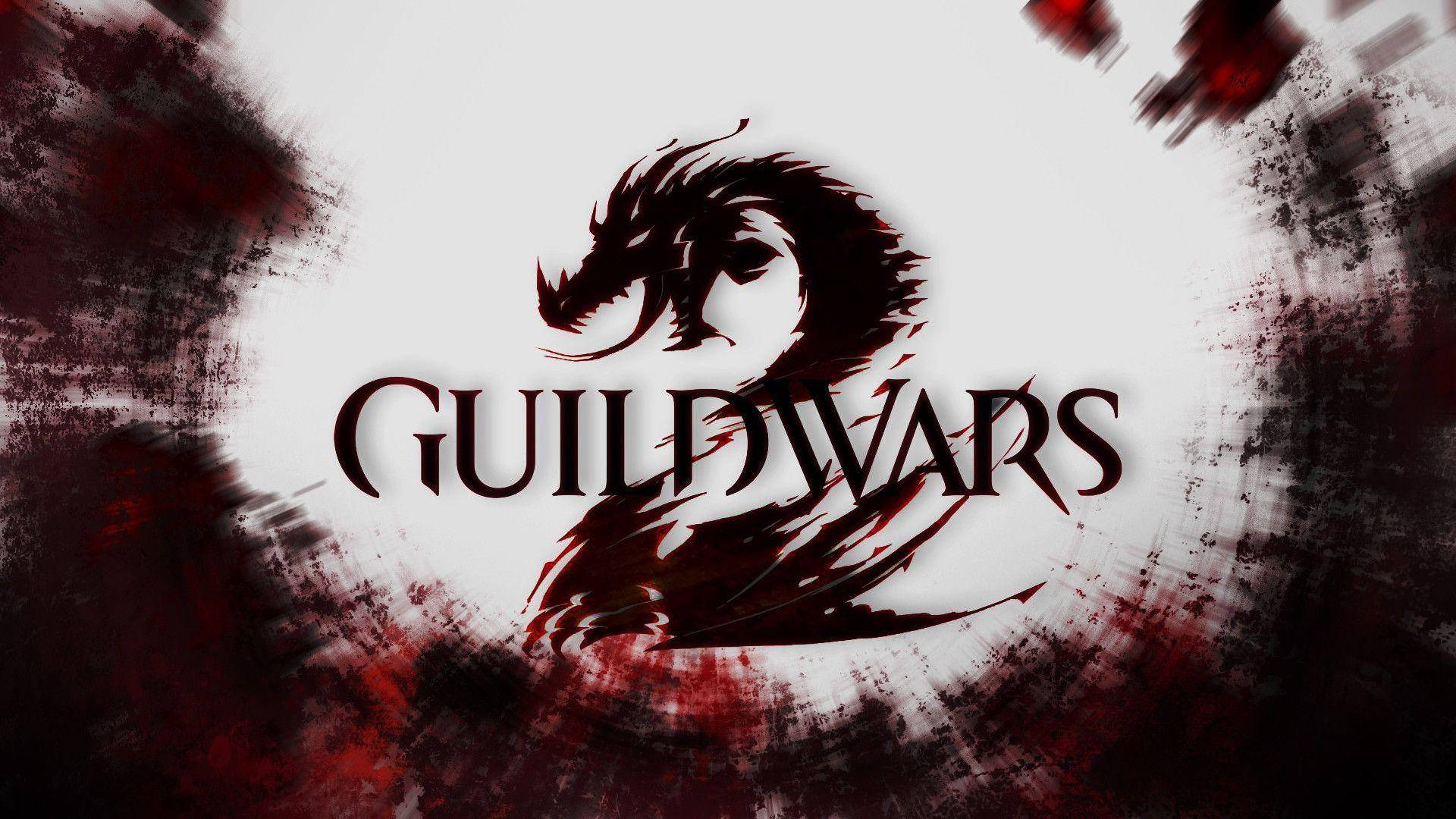 Guild Wars 2 標誌，在紅色和黑色飛濺背景上帶有龍的設計。